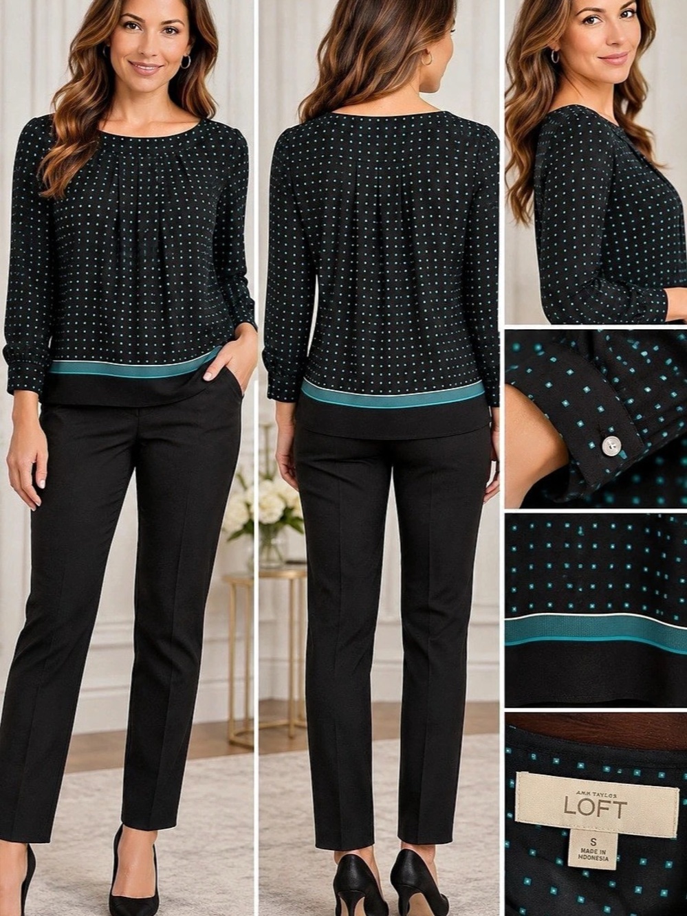 LOFT Geometric Blouse in Black & Blue Size Small Like New